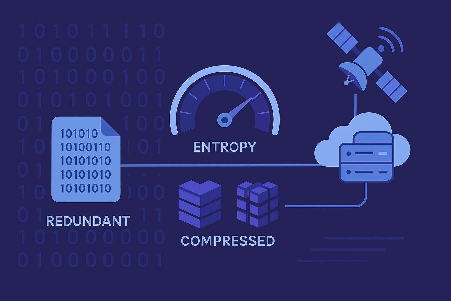 entropy dan redundansi yang menunjukkan transformasi data mentah menjadi data terkompresi dan terlindungi dalam sistem digital modern.